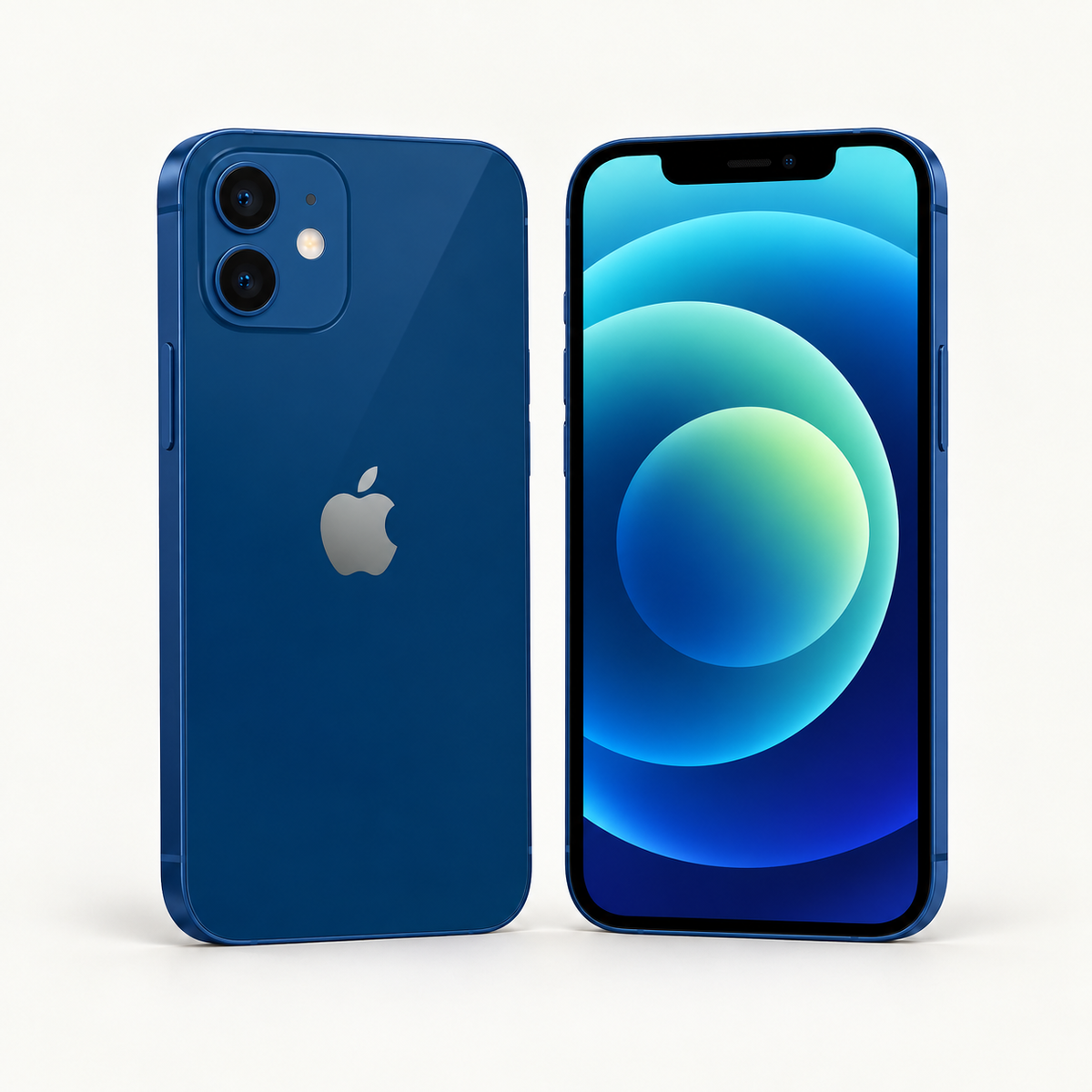 iPhone 12 azul, vistas trasera y frontal. Imagen de catálogo TEC-11.