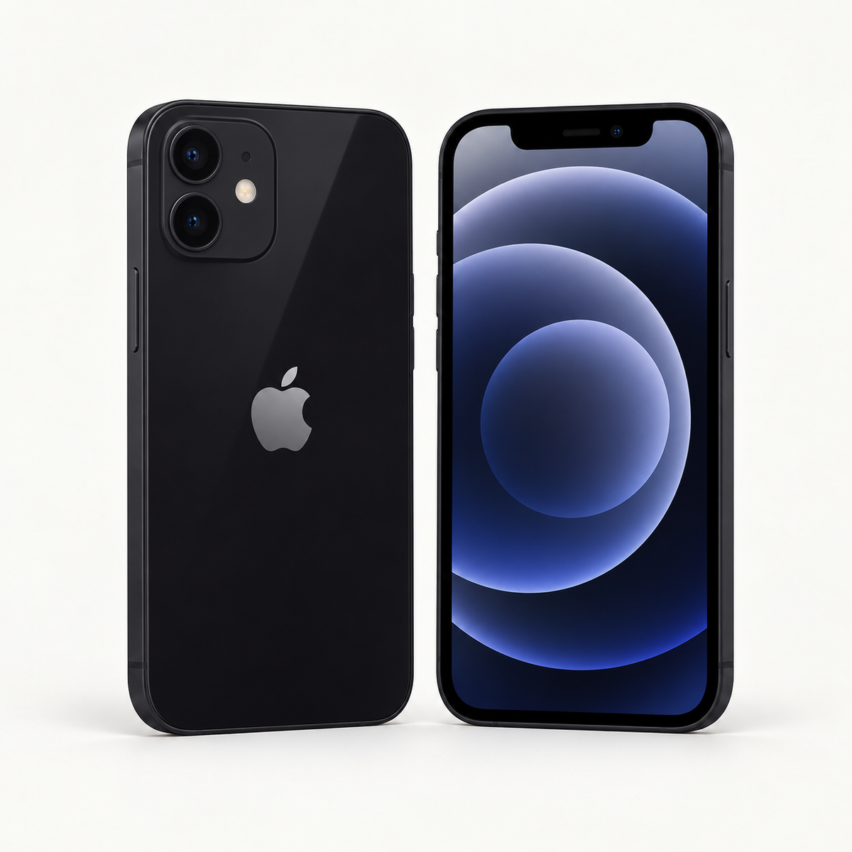 iPhone 12 mini negro, vistas trasera y frontal. Imagen de catálogo TEC-11.