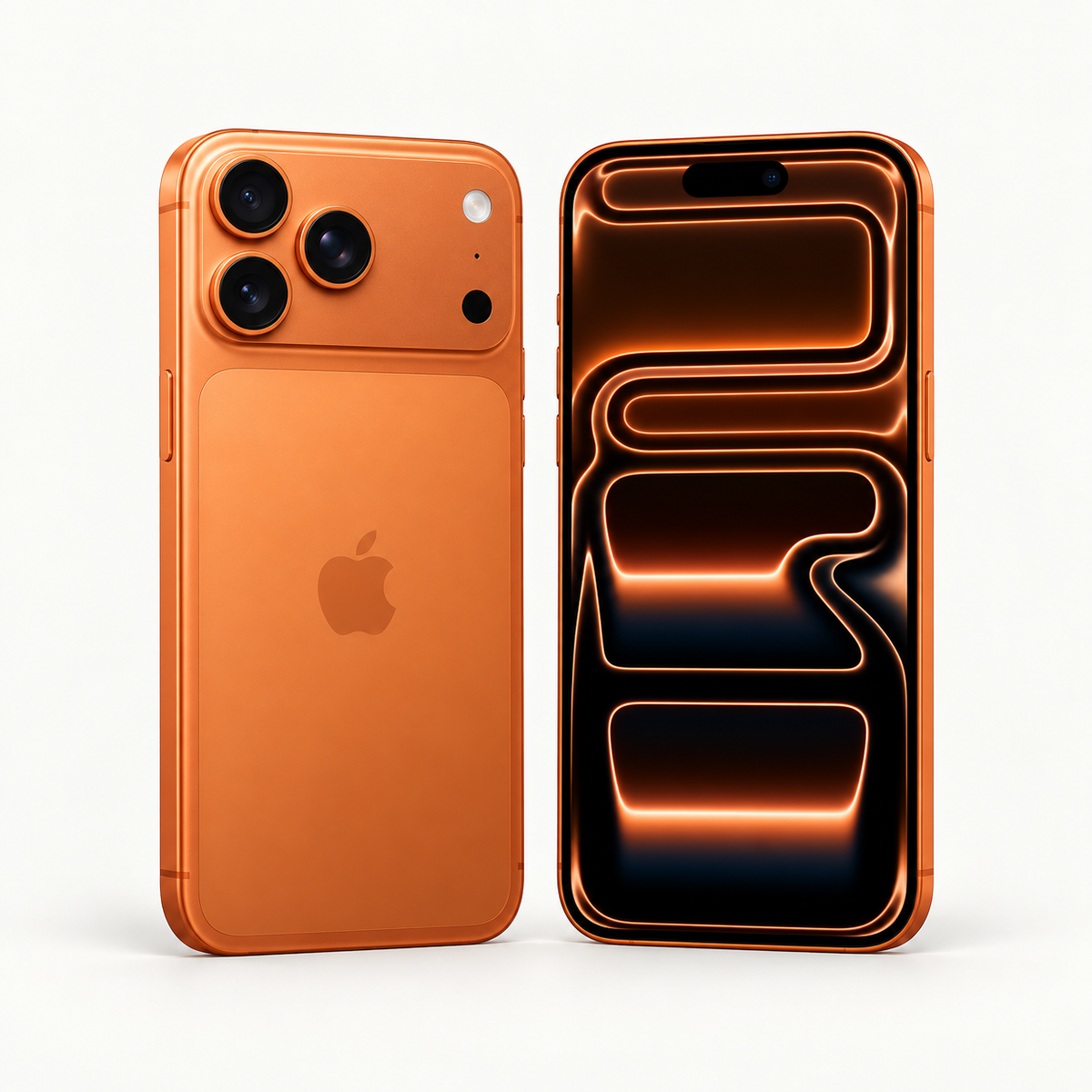 iPhone 17 Pro Max naranja cósmico, vistas trasera y frontal · Imagen de catálogo TEC-11
